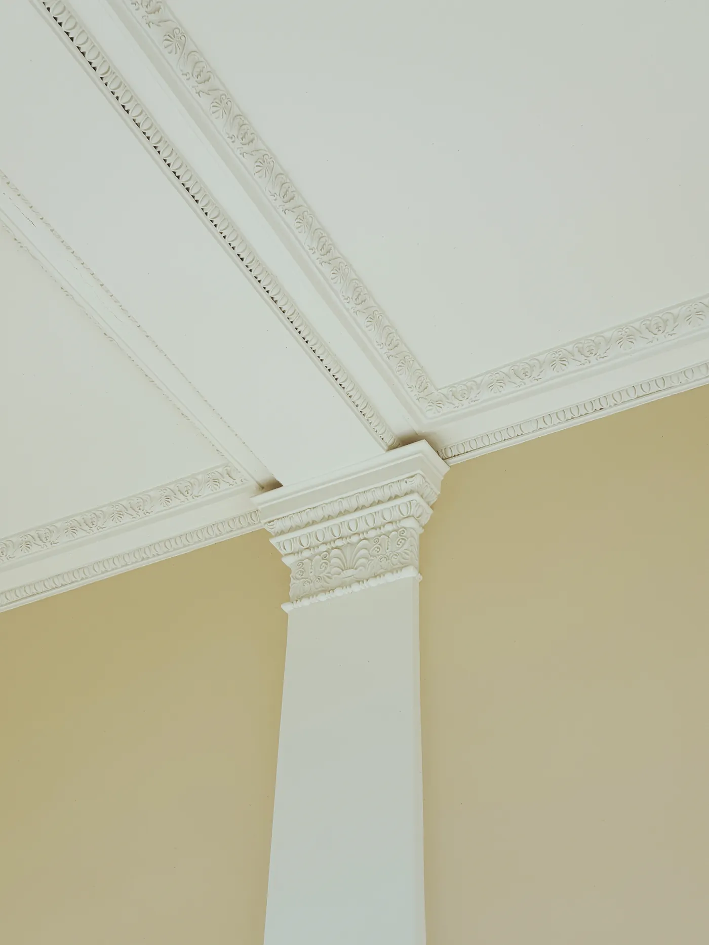 Detailed white crown molding at a ceiling corner